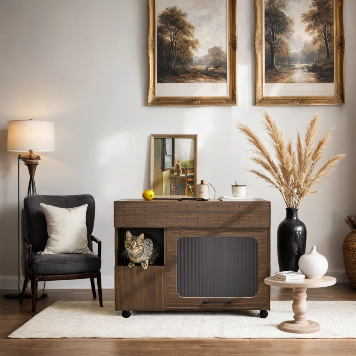 Furniture Style Multi-Use Cat Litter Box House with Storage