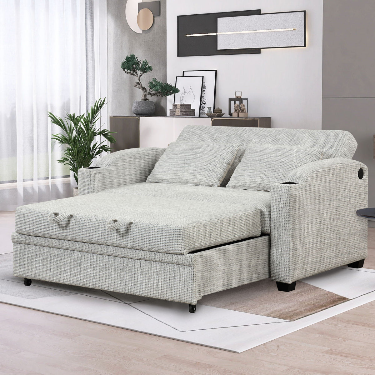Pull Out Loveseat Sofa With Adjsutable Backrest, 2 Pillows, Cup Holders, USB Ports For Living Room