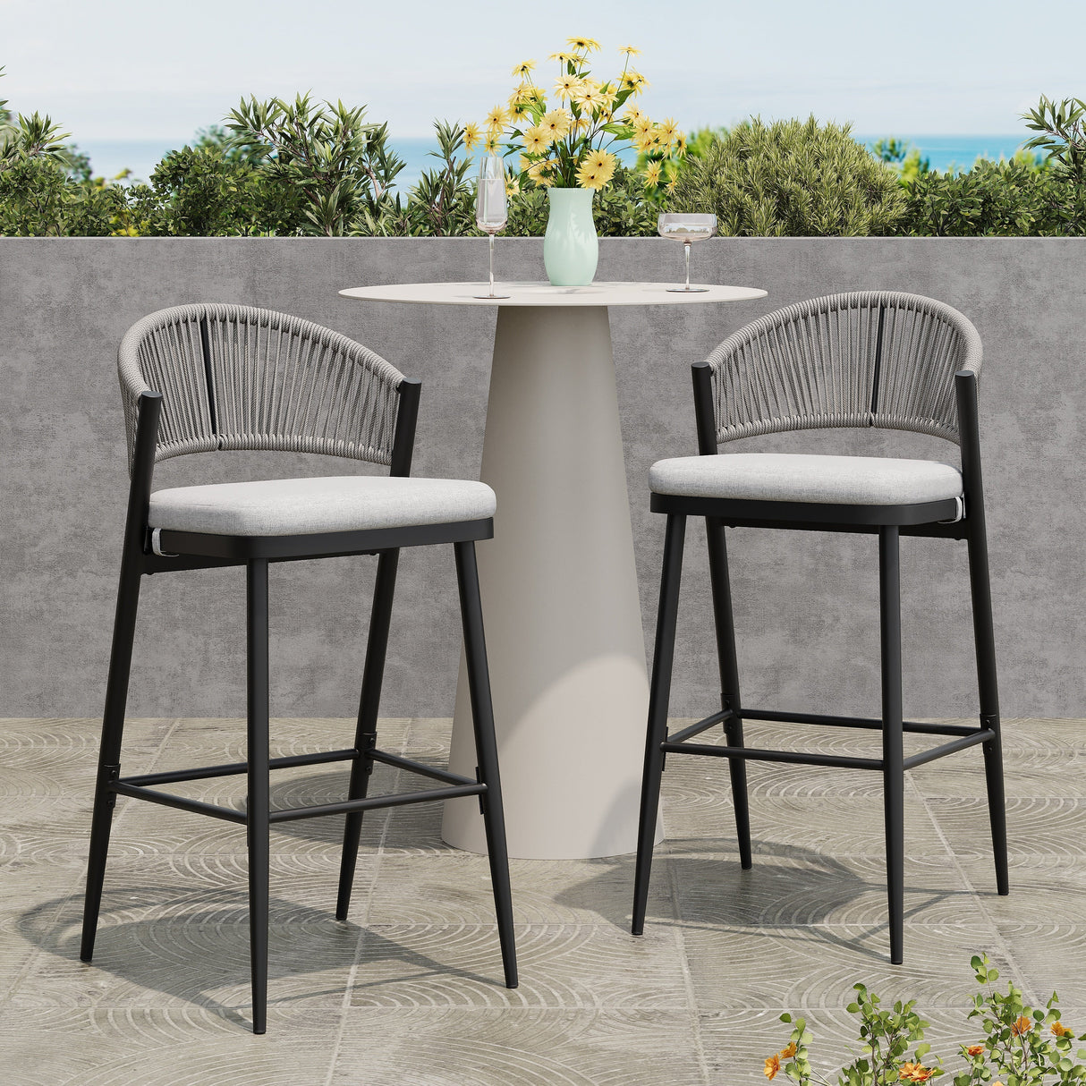 Outdoor 30.25' Bar Height Metal Frame Counter Stools with Scallop-shaped Backrest & Water-resistant CushionsSet of 2Matte Black
