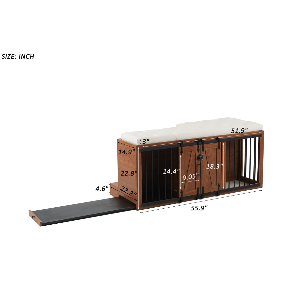 2 in 1 Dog Crate with Padded Seat Walnut 56'L Furniture Style