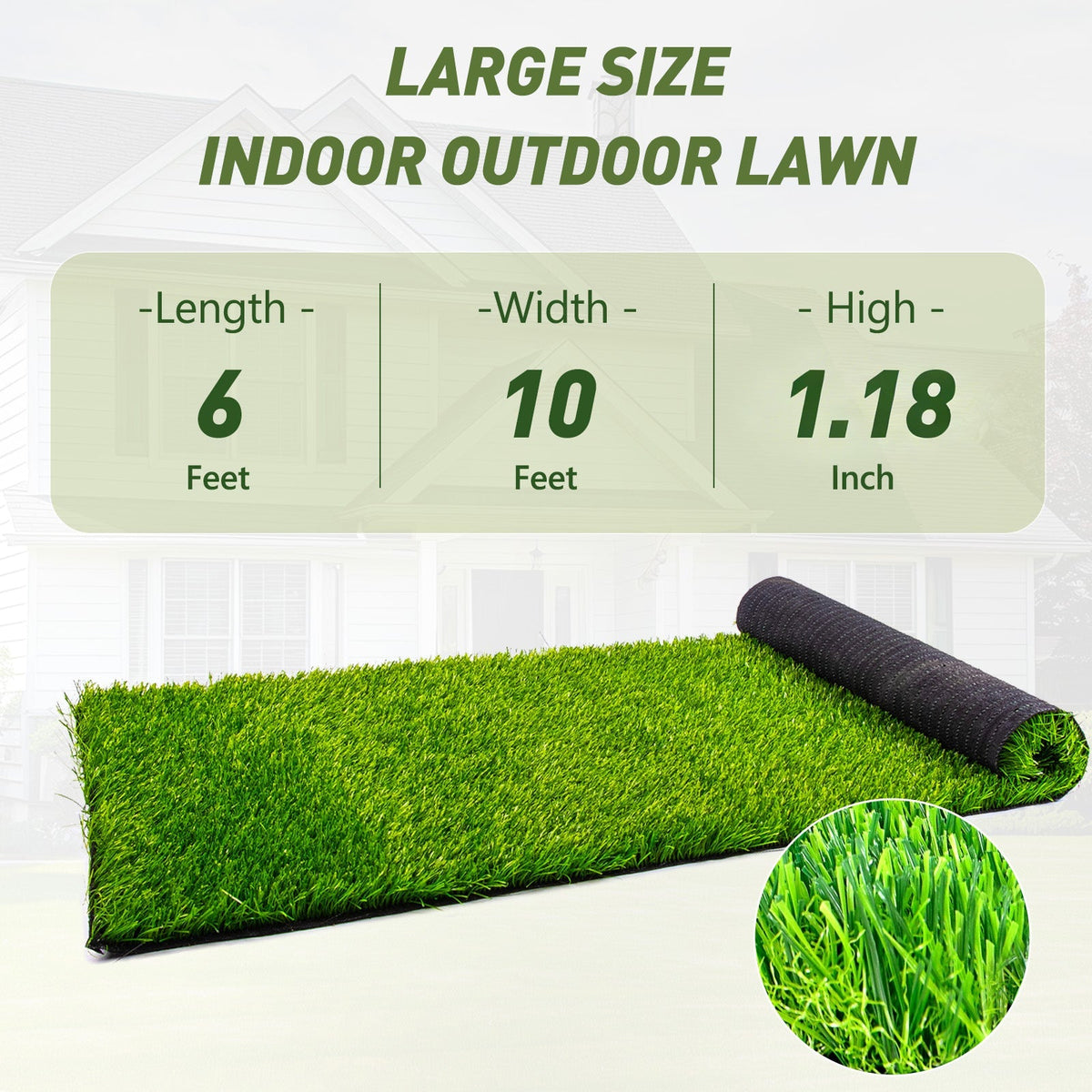 Realistic Deluxe Artificial Grass Synthetic Turf Carpet with 1.18" Thickness - Green