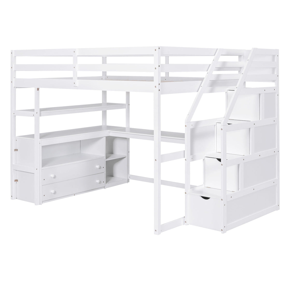 Loft Bed With Desk, Shelves, 2 Drawers, Storage Staircase