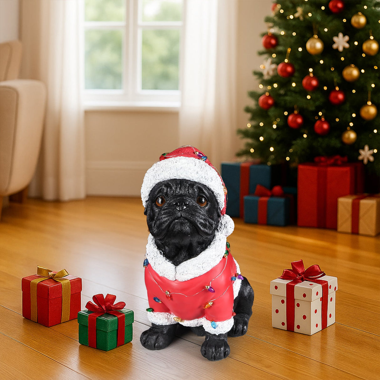 Christmas Pug Statue - Holiday Dog Figurine
