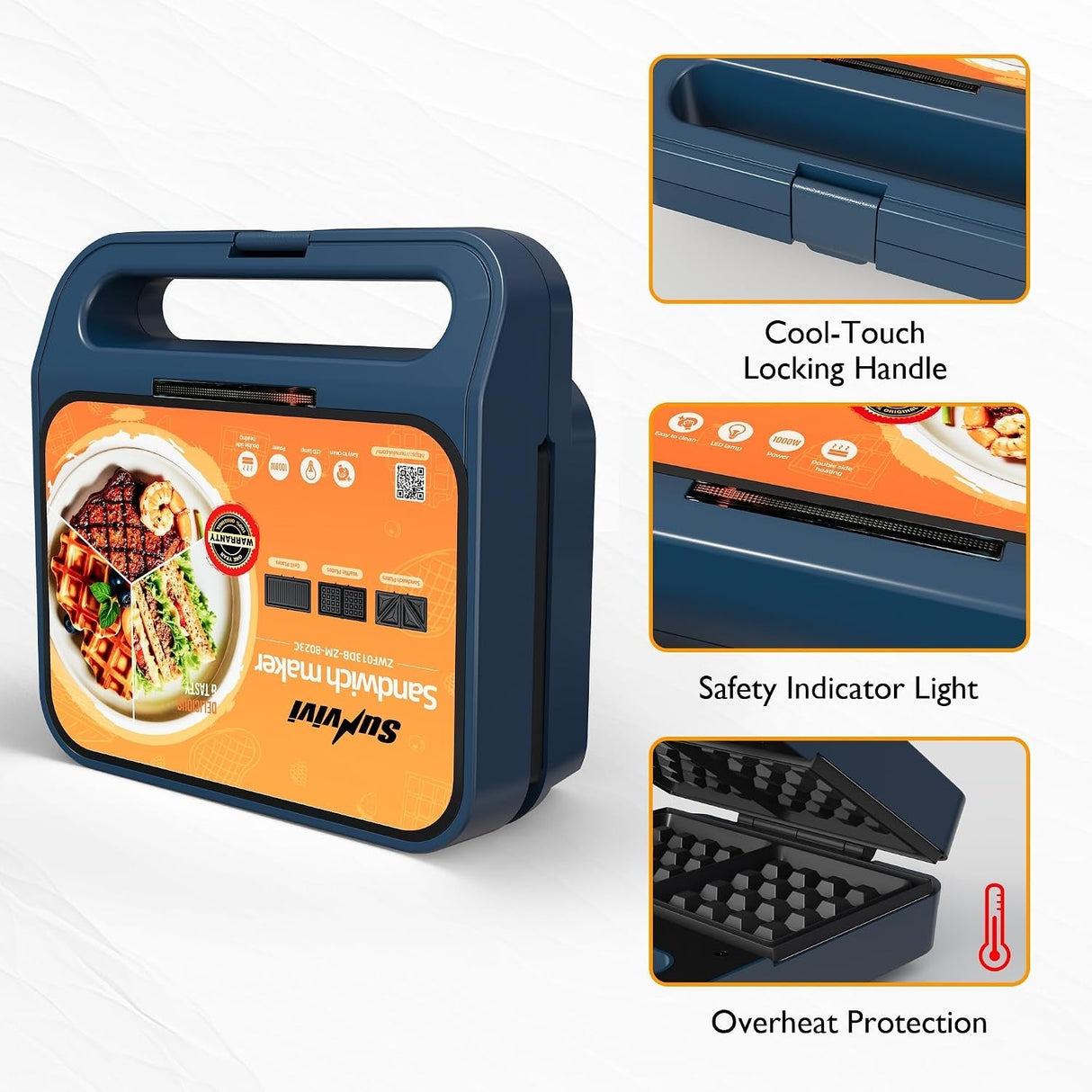3 in 1 Electric Sandwich Maker with Removable Nonstick Plates