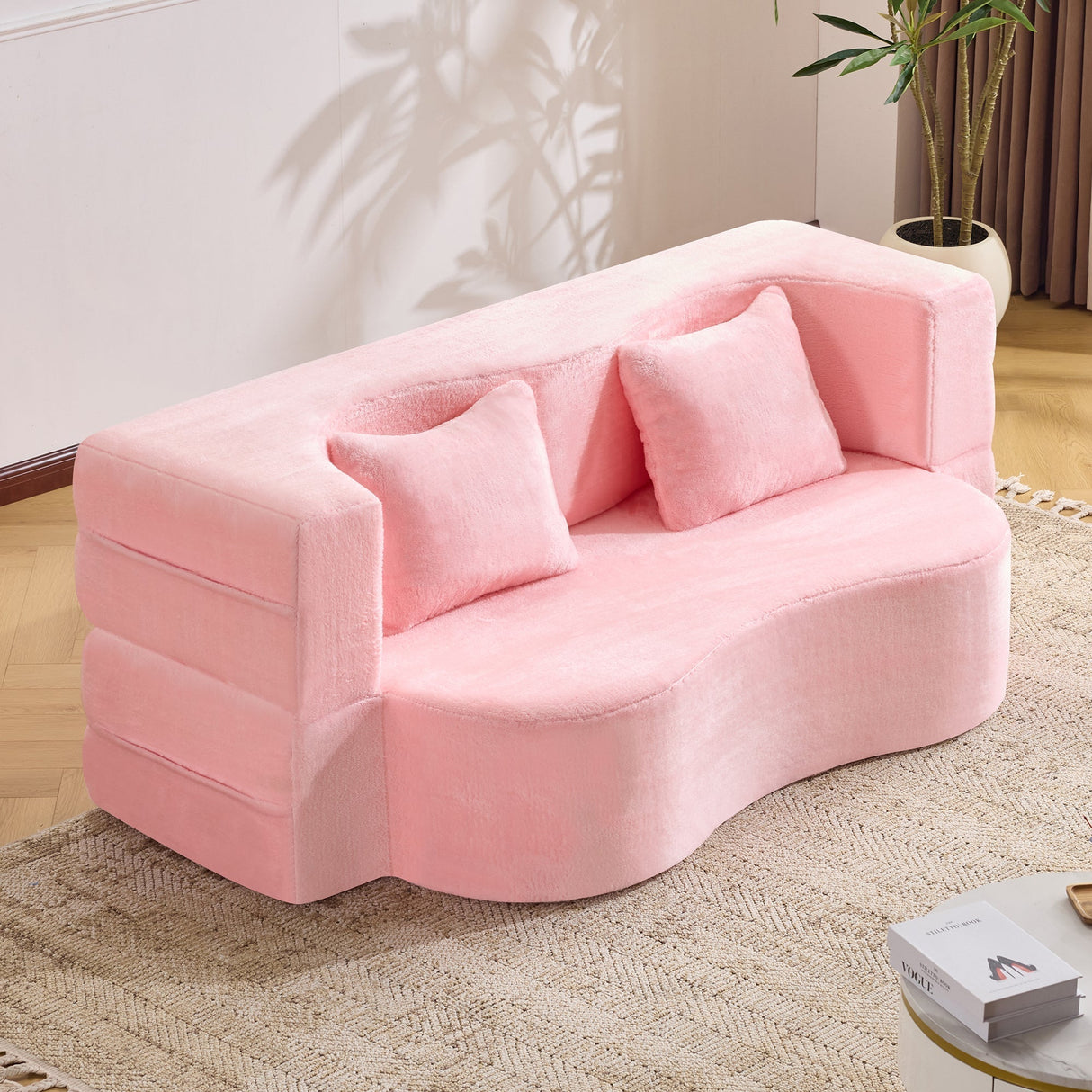 71-Inch Folding Sofa Bed in Pink Chenille with High-Density Foam