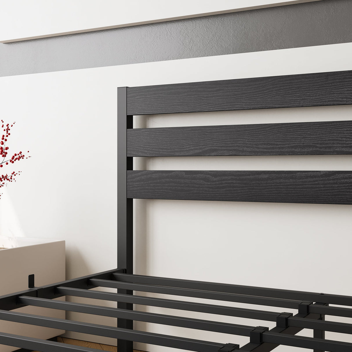 Industrial Platform Bed with Storage and Vintage Wood Headboard - Black