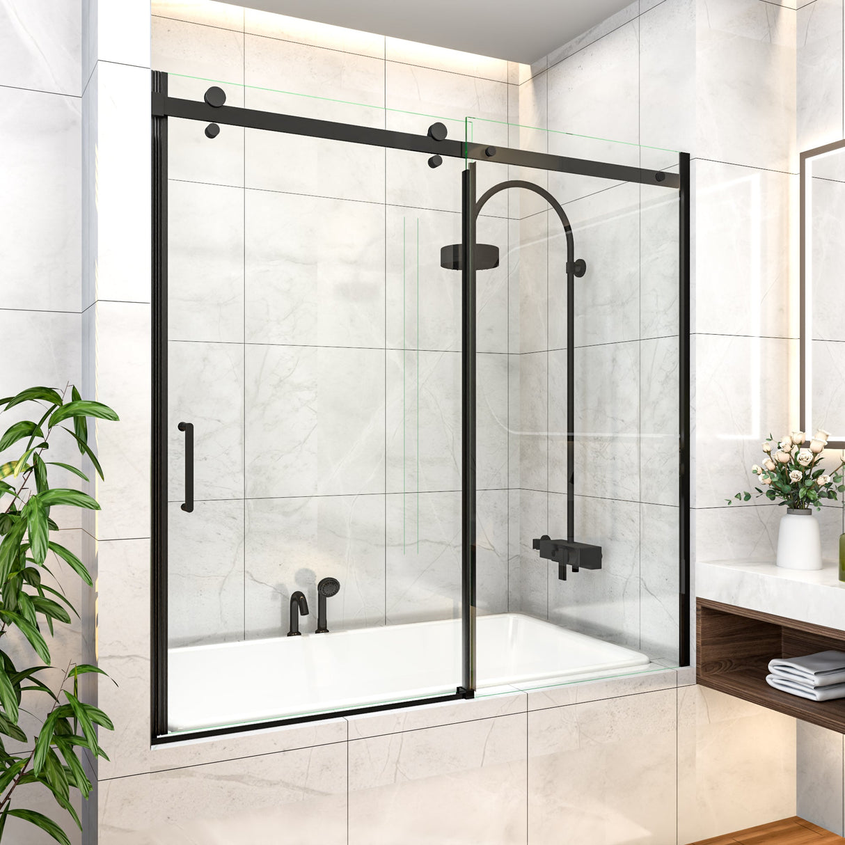 Mod Semi-Frameless Sliding Bathtub Door in Matte Black