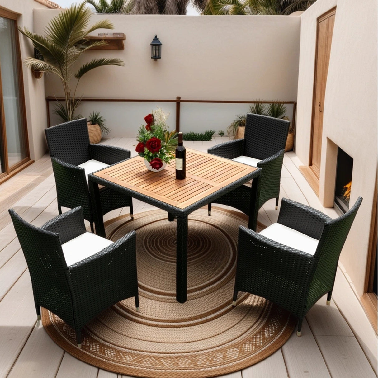 EELIFEE 5-Piece Outdoor Patio Wicker Dining Set with Acacia Wood Top