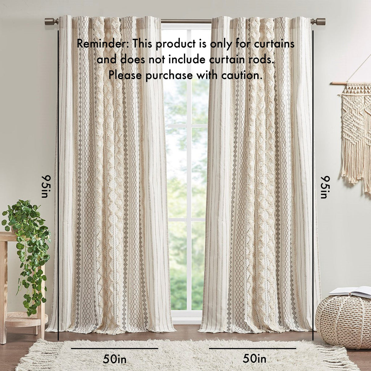 Cotton Printed Curtain Panel with Chenille Stripe and Lining Ivory 50x95'