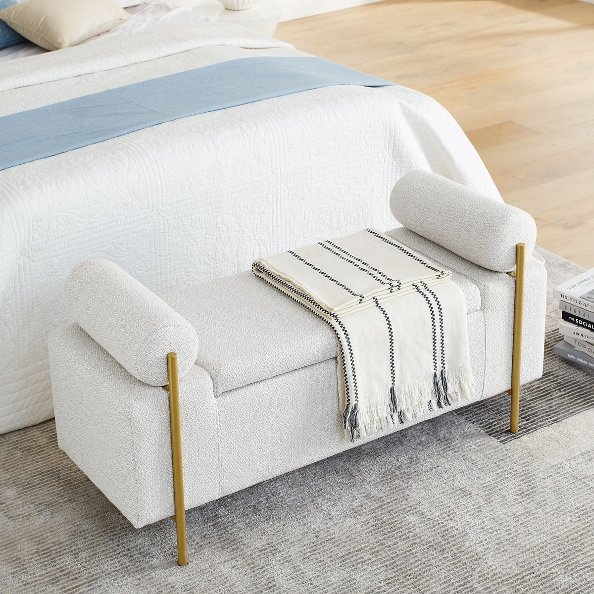 Elegant Upholstered Storage Bench With Cylindrical Arms And Iron Legs,