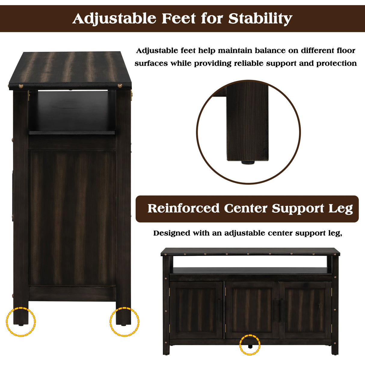 U_Styled 55.1'' Pine Wood Buffet Cabinet with 3-Door Storage