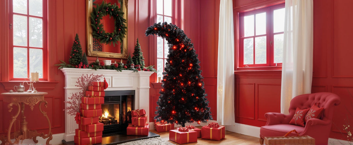 6Ft Curved Hat-Look Black Holiday Tree with Orange & Purple Lights