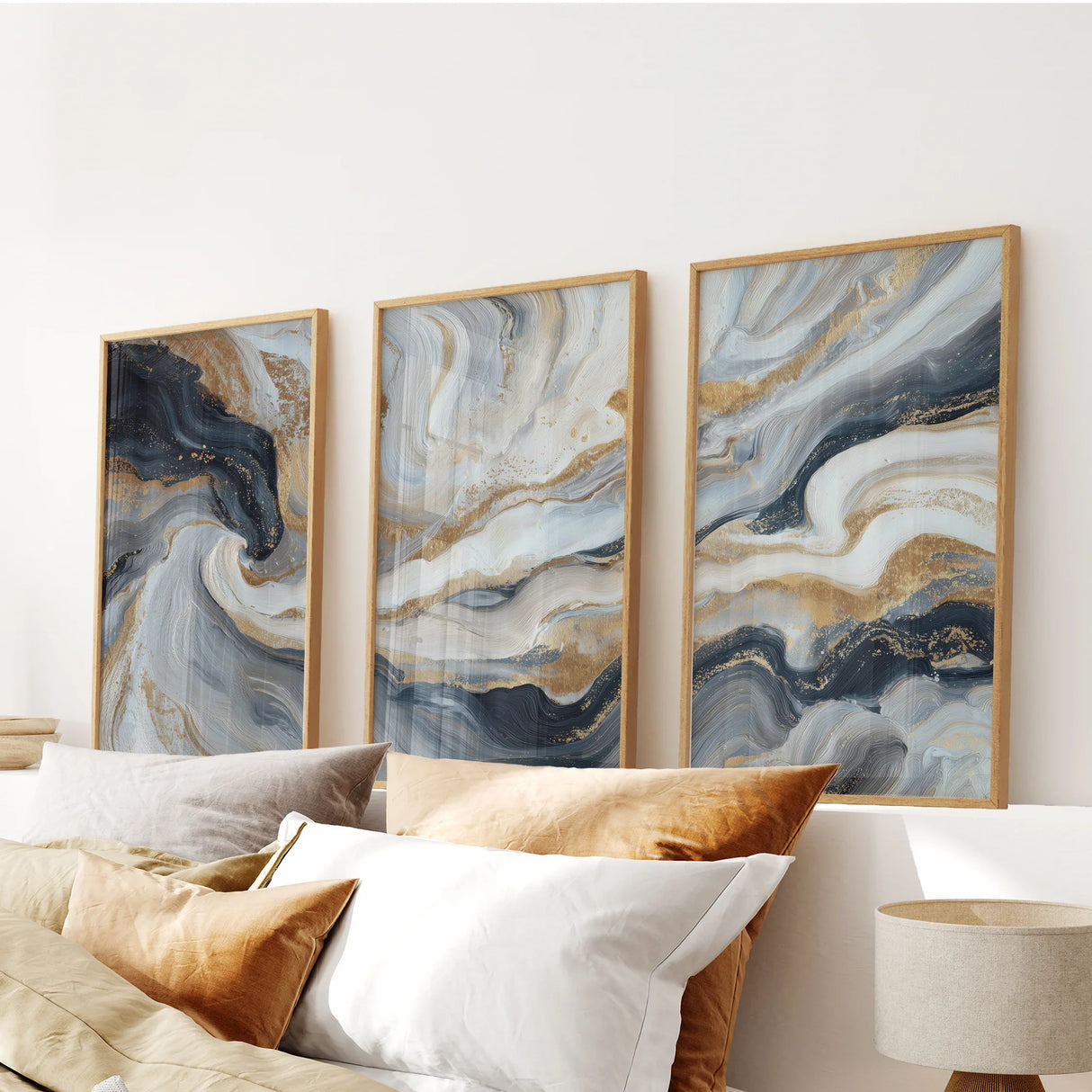 3 Piece Modern Abstract Marble Wall Art: Navy Blue and Gold