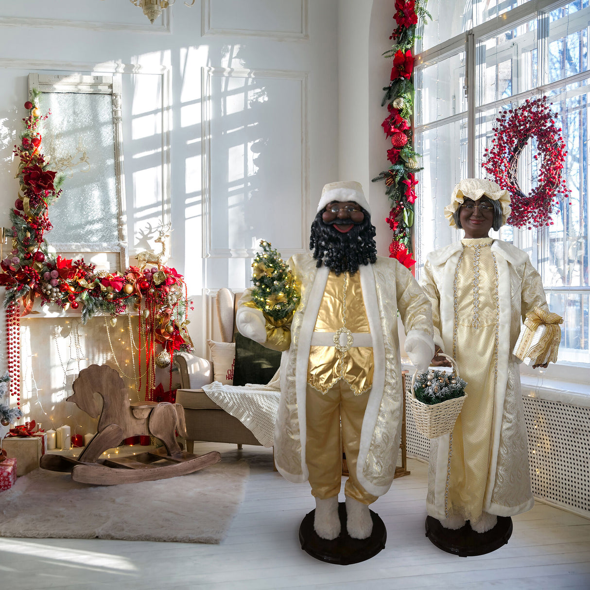 58-in. Dancing African American Santa Animatronic in Gold Coat with Prelit Christmas Tree