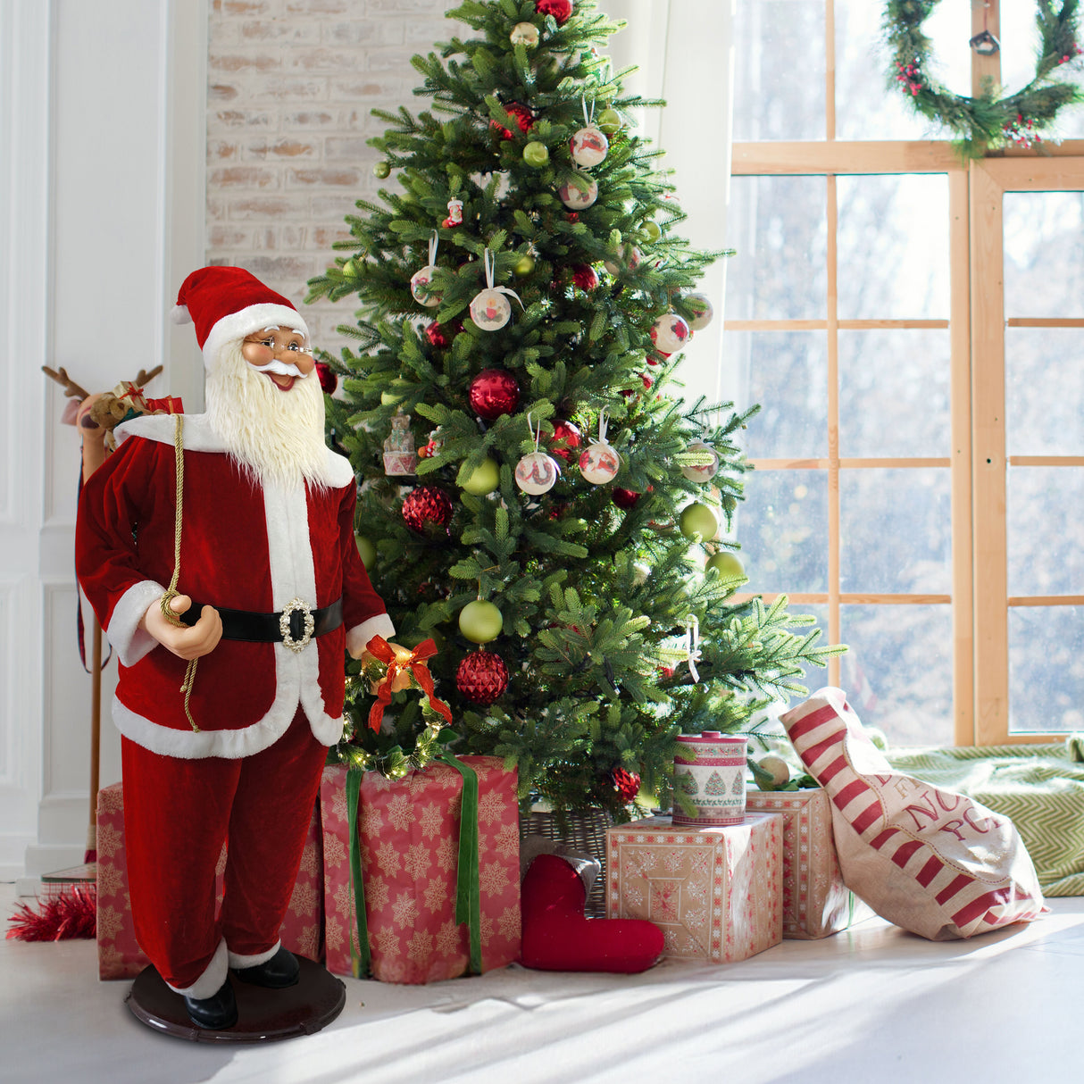 58-in. Dancing Santa Animatronic with Wreath and Gift Sack