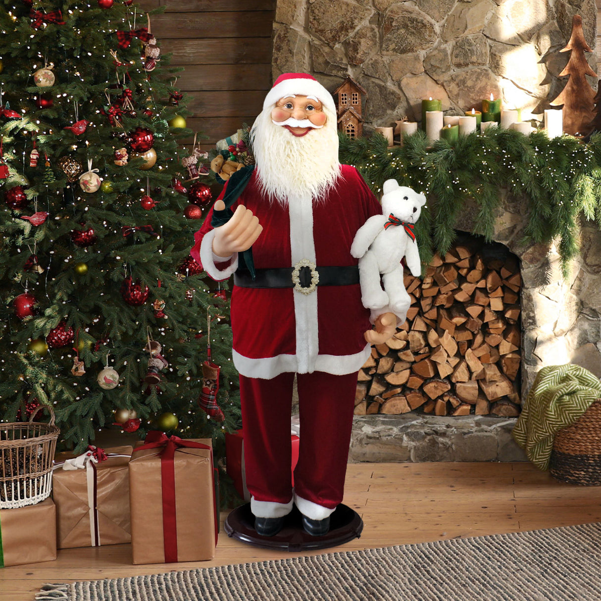 Fraser Hill Farm 58-in. Life-Size Dancing Santa Claus with Teddy Bear and Toy Sack Animatronic Figurine