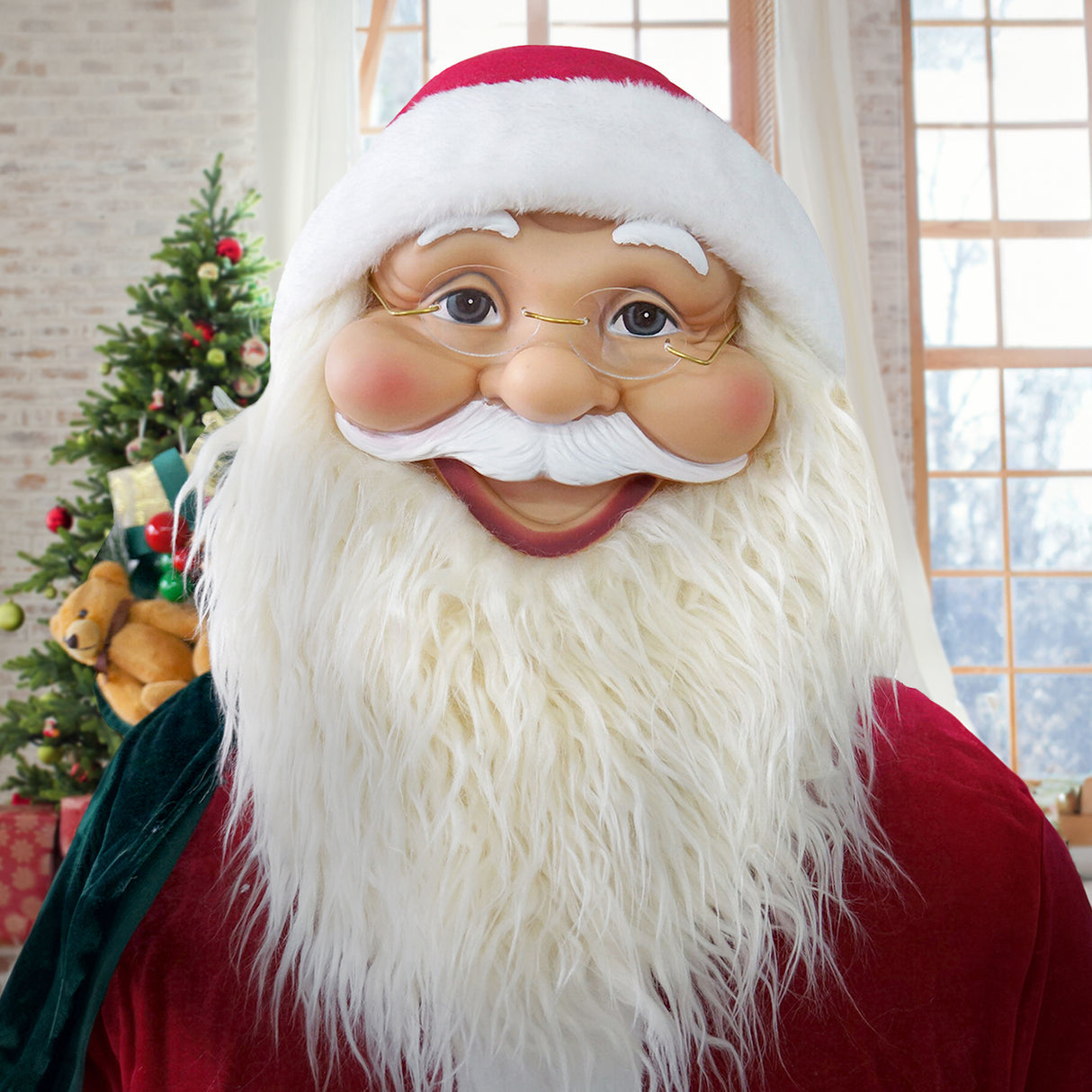 Fraser Hill Farm 58-in. Life-Size Dancing Santa Claus with Teddy Bear and Toy Sack Animatronic Figurine