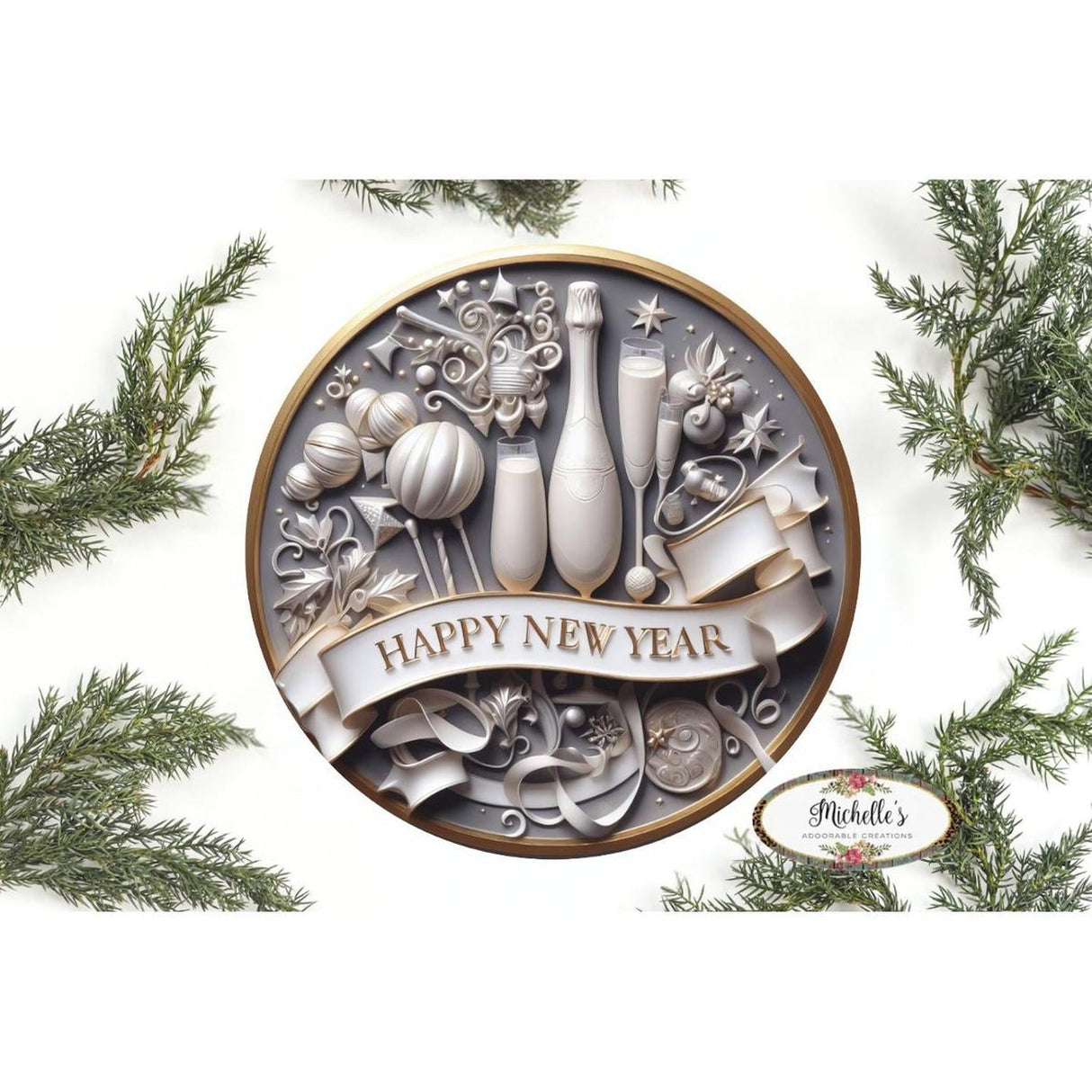 Faux 3D Happy New Year Round Sign - Wreath Enhancement