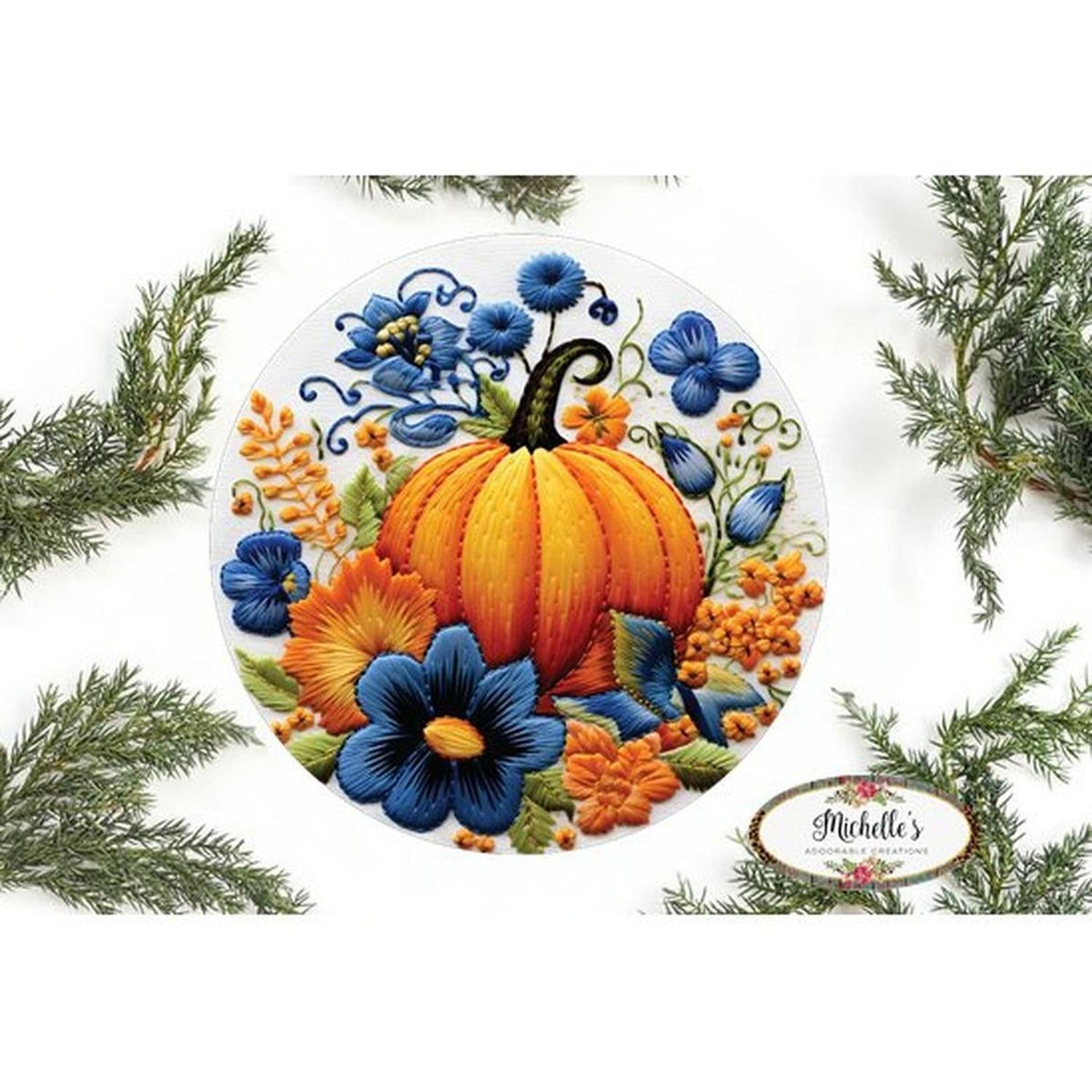 Faux Embroidery Pumpkin Blue Flowers Sign - Wreath Enhancement
