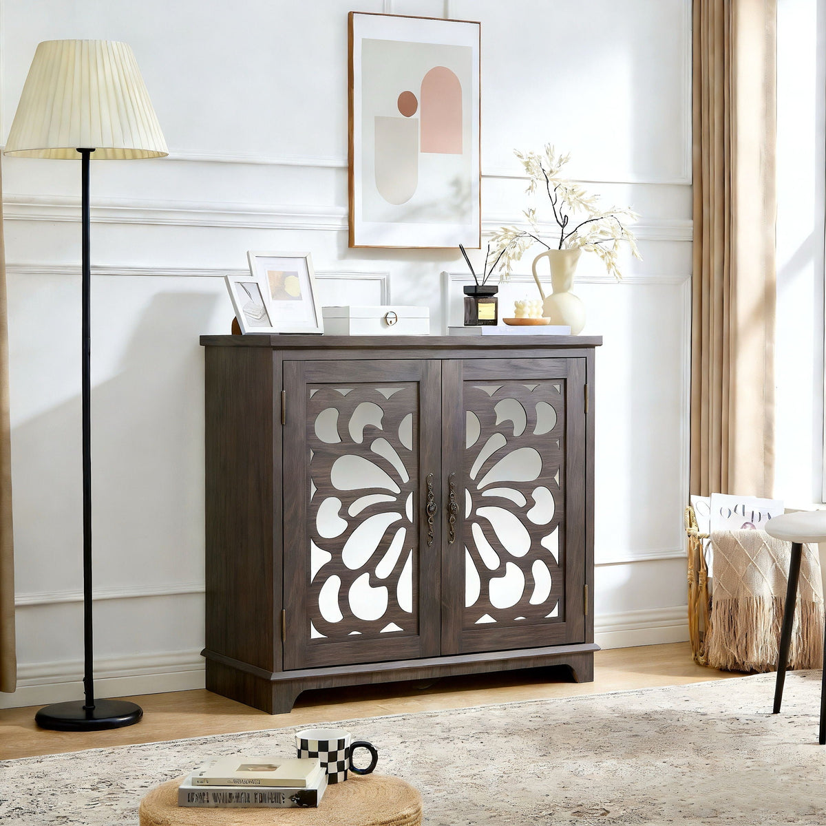 Elegant Sideboard With 2 Acrylic Mirrored Doors, Adjustable Shelf Storage
