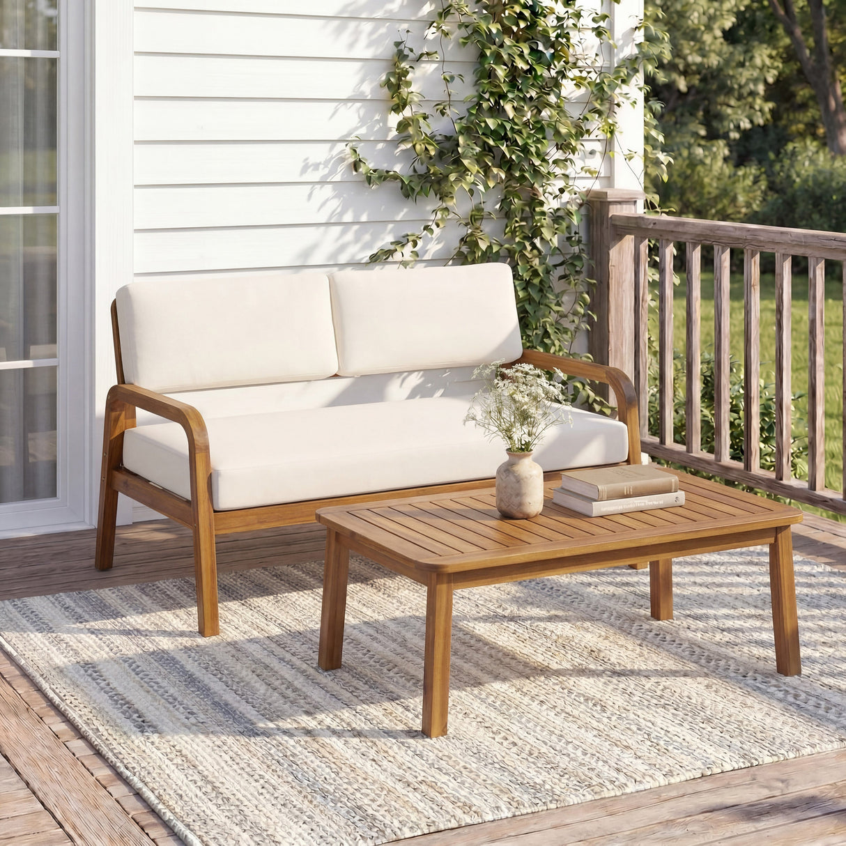 2 Pieces Outdoor Sofa Set with Cushions - Teak
