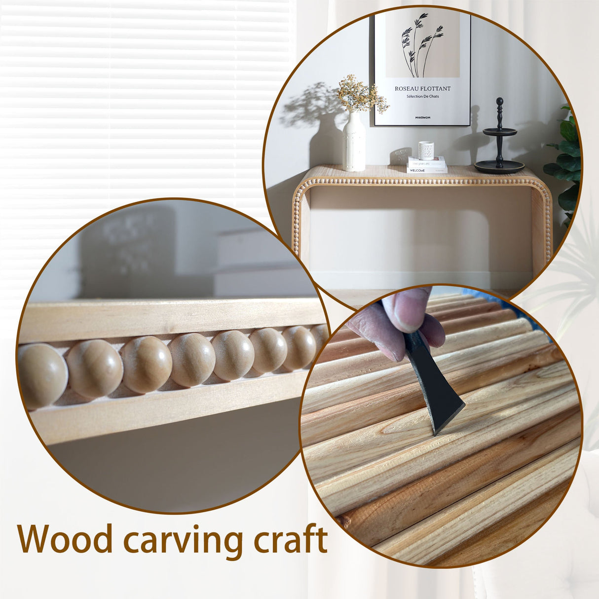 59in Console table with wood beads,curved waterfall-style table