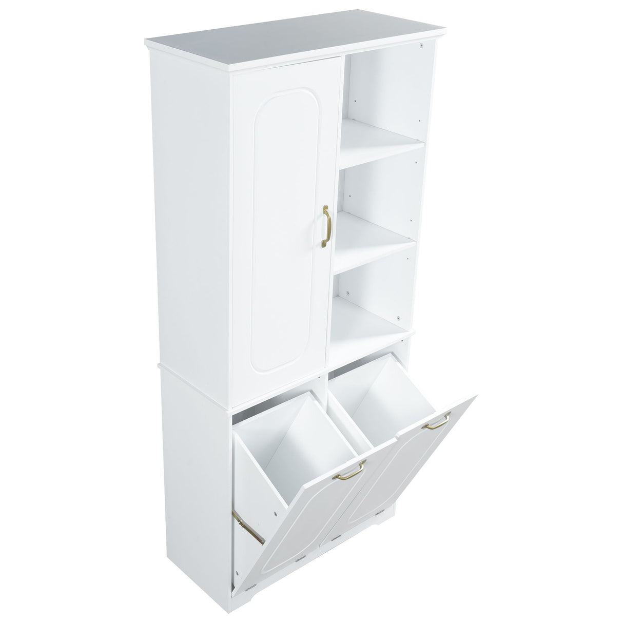 Freestanding Tall Storage Cabinet With 2 Tilt Out Hampers, Adjustable Shelves, Soft Close Door, Door Mounted Organizer - White