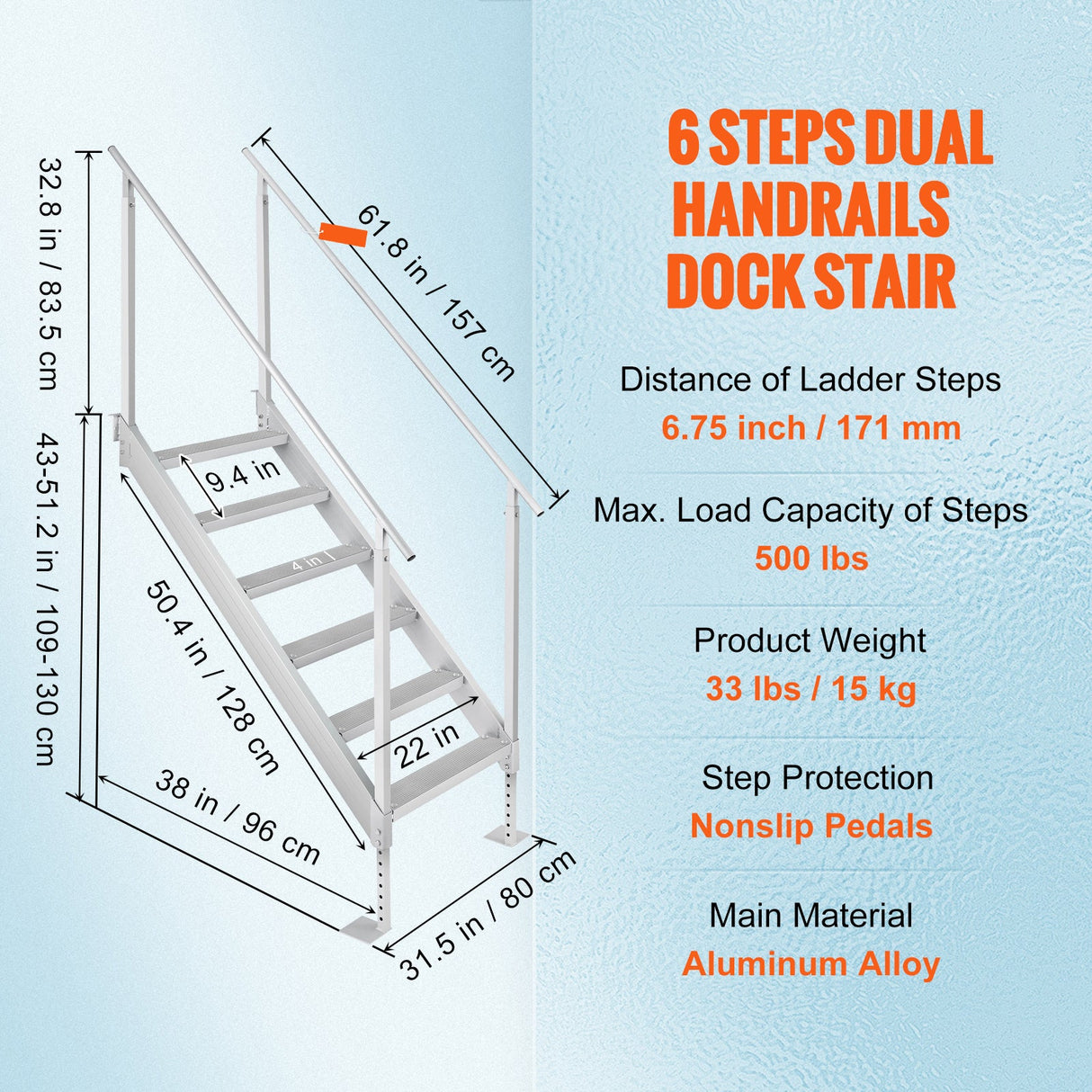 Dock Ladder, 43''-51'' Adjustable Height, 6 Steps with Dual Handrails