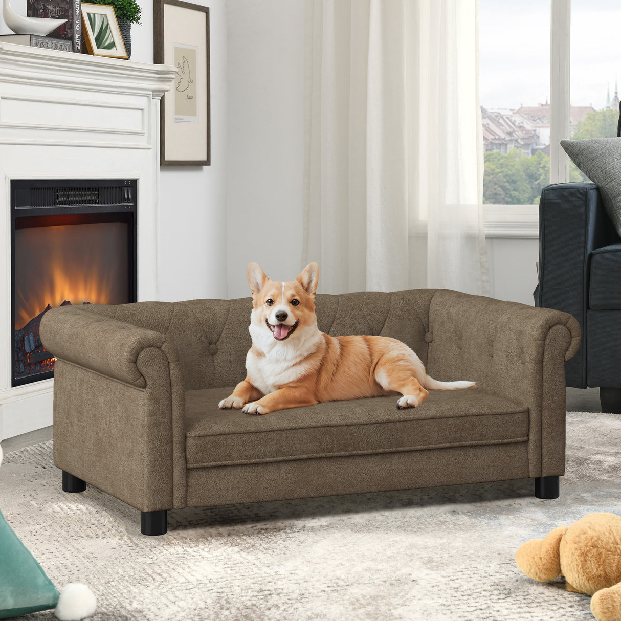 Modern-Linen-Fabric-Elevated-Pet-Bed-Sofa-for-Small-and-Medium-Dogs-Brown-Pet-Bed