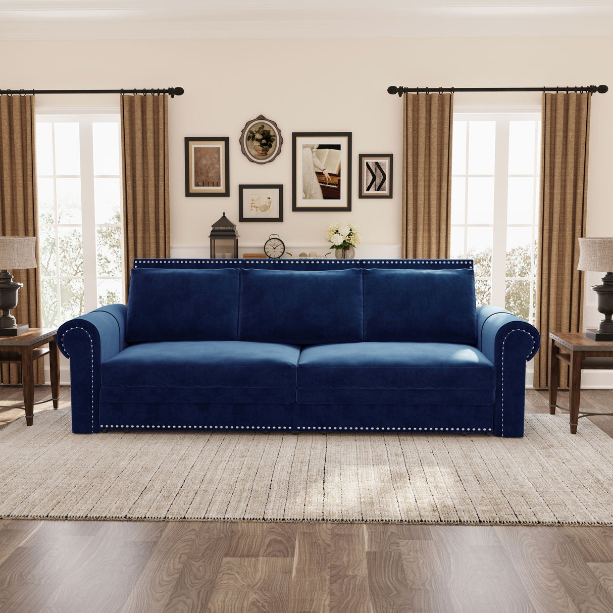 3 In 1 Convertible Sleeper Sofa With Nailhead Trim & Rolled Arm