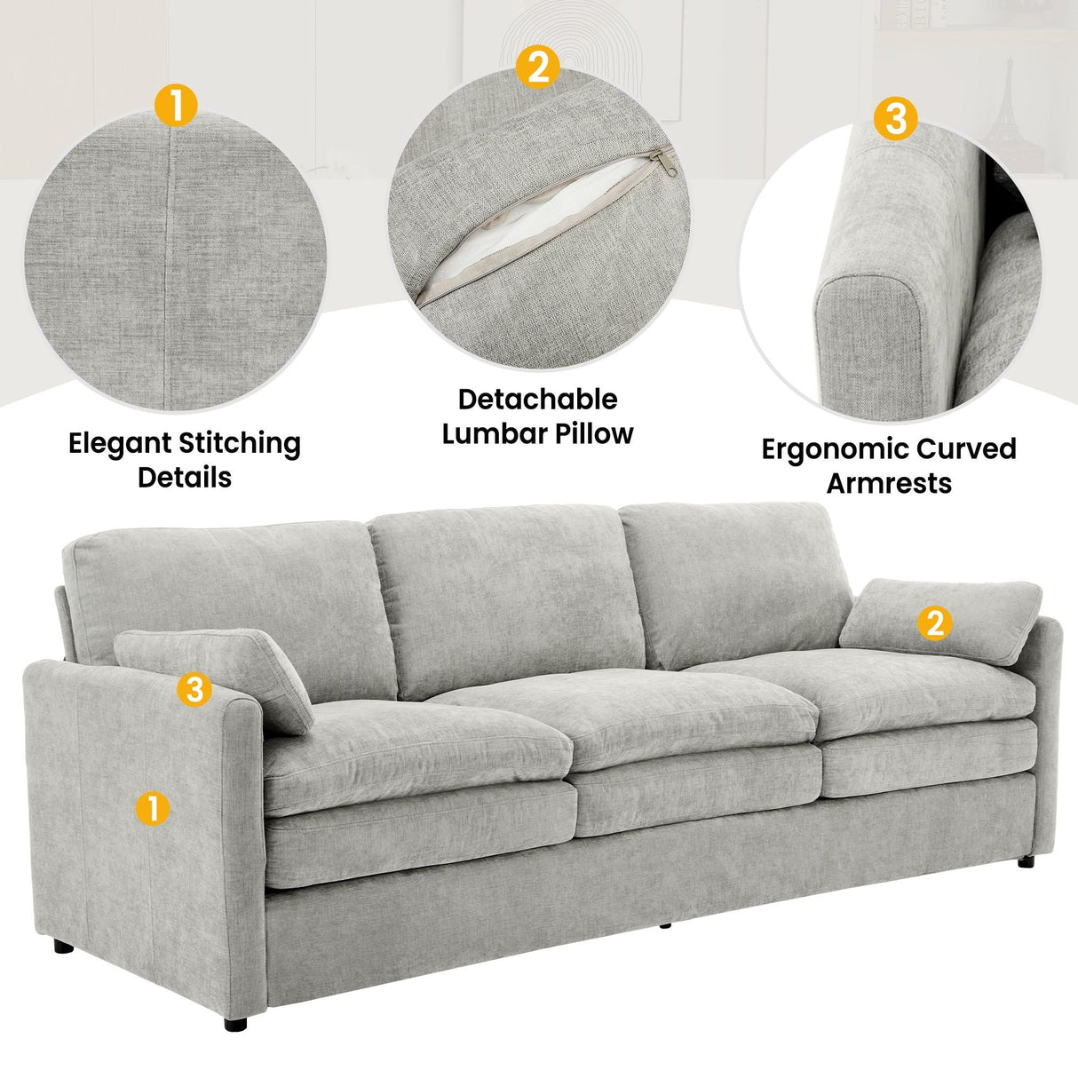 Cozy Upholstered 3 Seater Sofa With Double Cushion