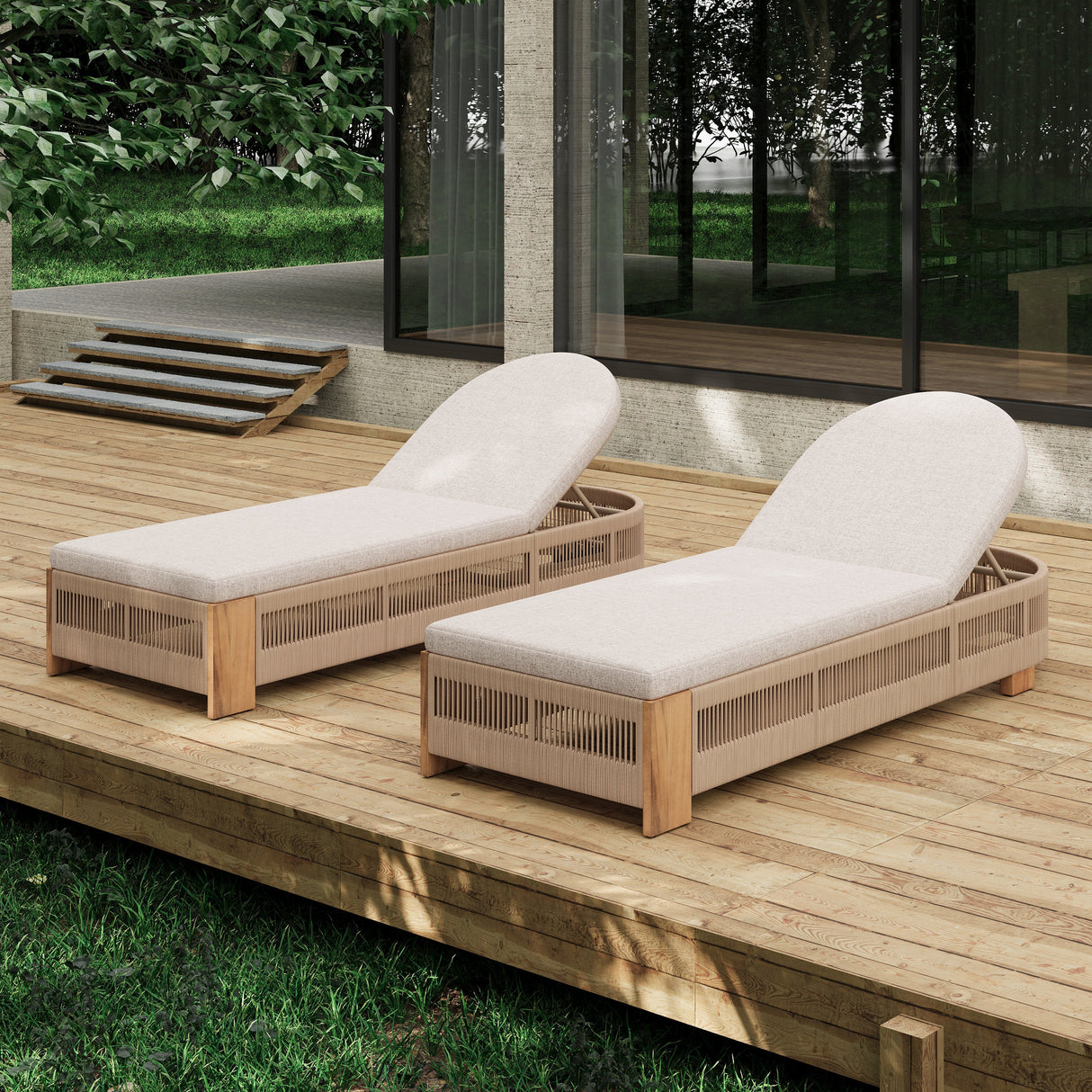 Outdoor Chaise Lounge Chair, Acacia Wood with Adjustable Backrest and Cushion