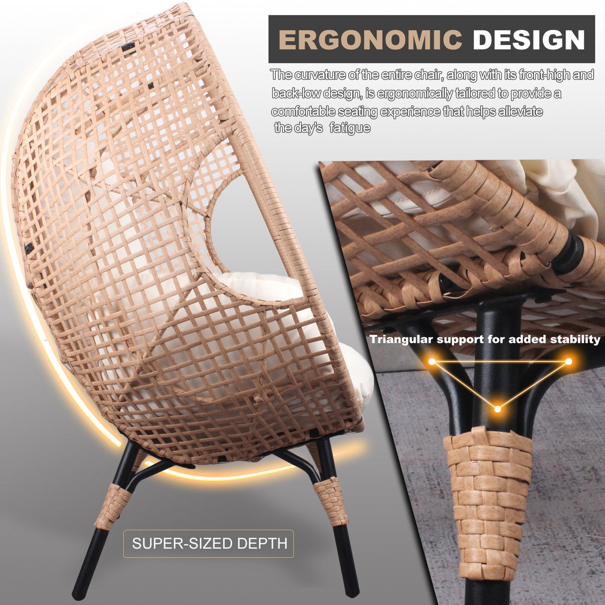 New Grid Style PE Wicker Weaving Patio Egg Chair with Natural Color Rattan Beige Cushion