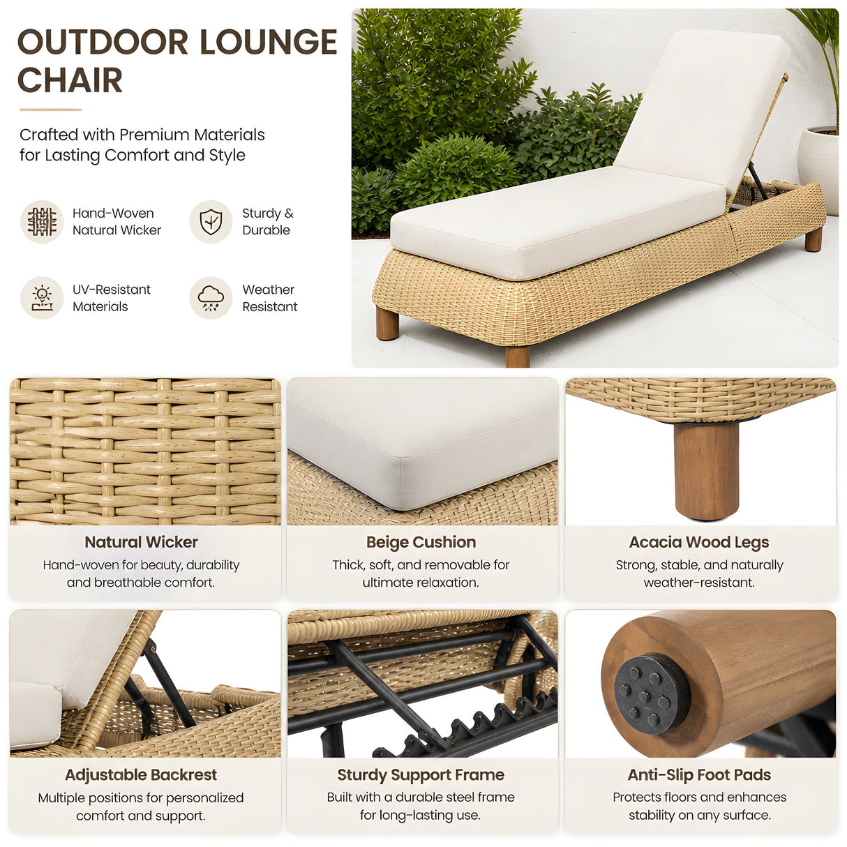 Adjustable Outdoor Wicker Chaise Lounge Chairs Set of 2