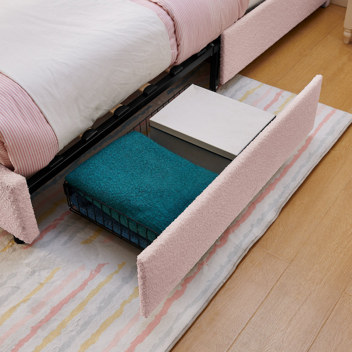 Twin Size Kids Upholstered Bed with Oversized Rabbit Ear Headboard, LED Light & 4 Storage Drawers, Boucle Fabric (79.5''X40.75''X41'')