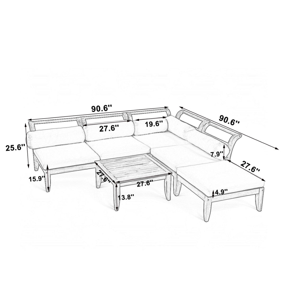 6 Piece Acacia Wood Outdoor Modular Sectional with Daybed and Tea Table