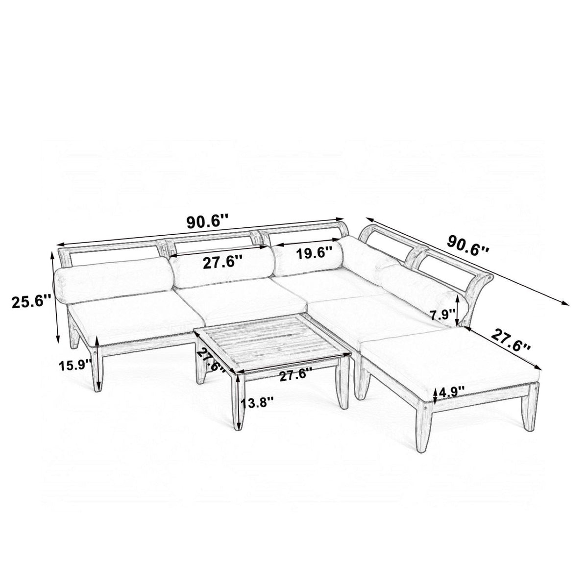 6 Piece Acacia Wood Outdoor Modular Sectional with Daybed - Teak Beige