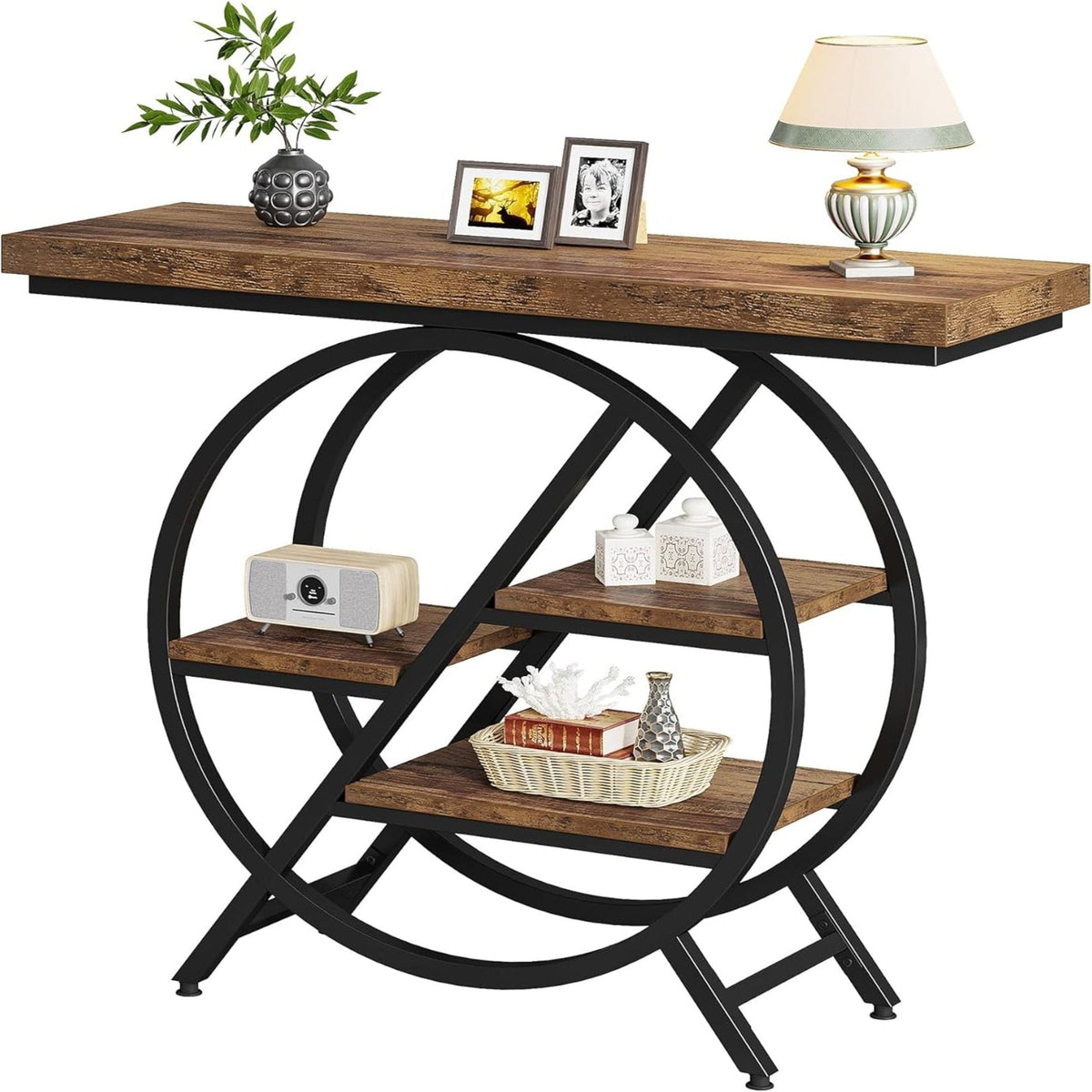 4 Tier Entryway Console Table With Geometric Circle Frame & Storage Shelves - Rustic Brown