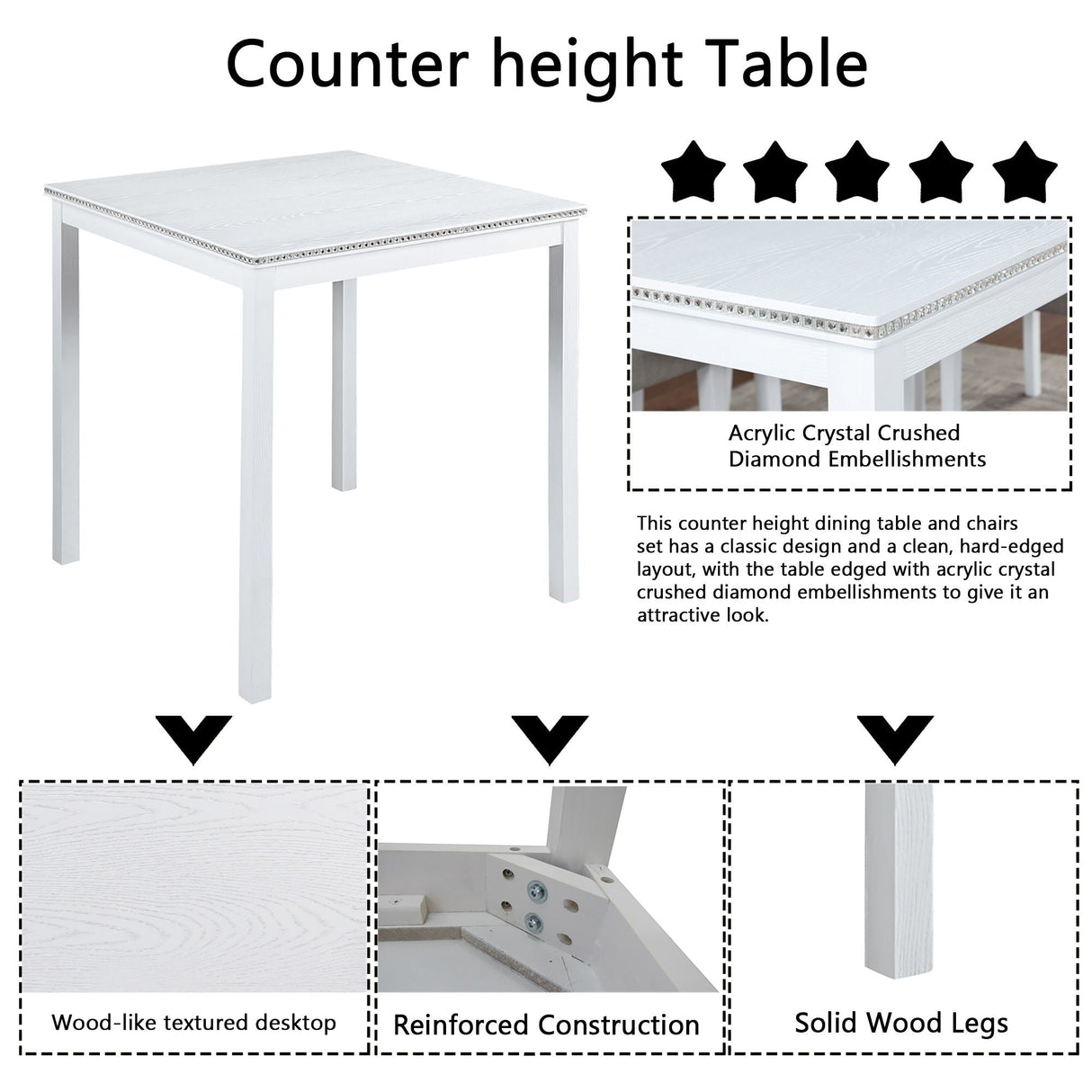 5 Piece Counter Height Table Set, Square Table And 4 Upholstered Chairs