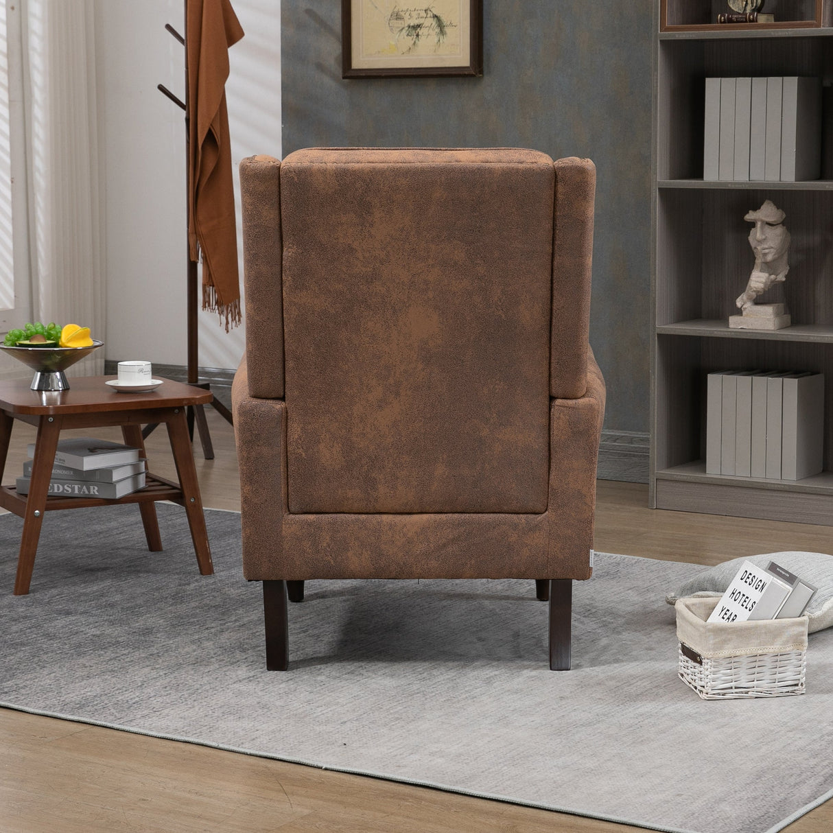 Modern Coffee Wood Frame Armchair with Microsuede Upholstery