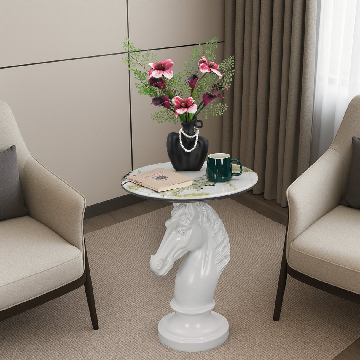 Horse Head Accent Table Animal Statue End Tables Livingroom, White