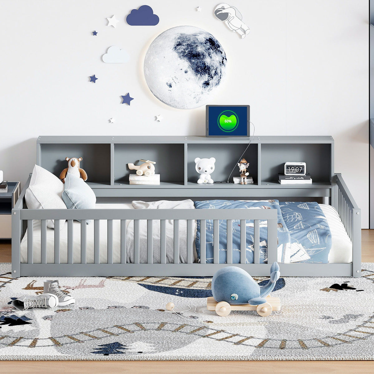 Twin Long Floor Bed With Storage Cabinets And USB Ports - Gray