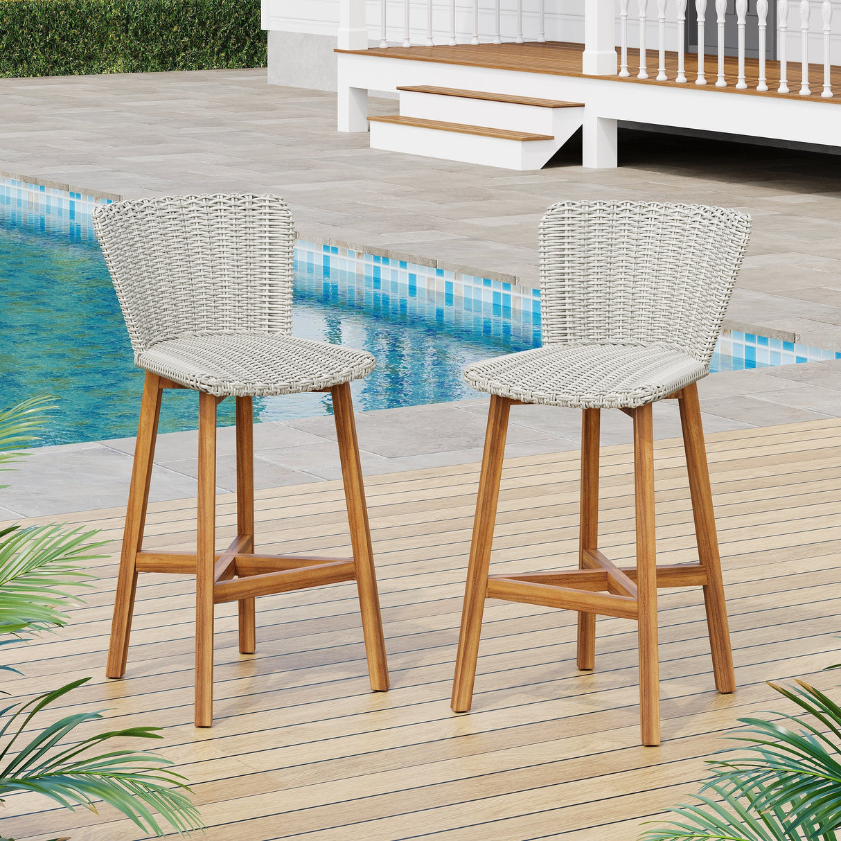Lymington Outdoor Bar Stool Set of 2, Teak Finished Wood with Light Grey Wicker