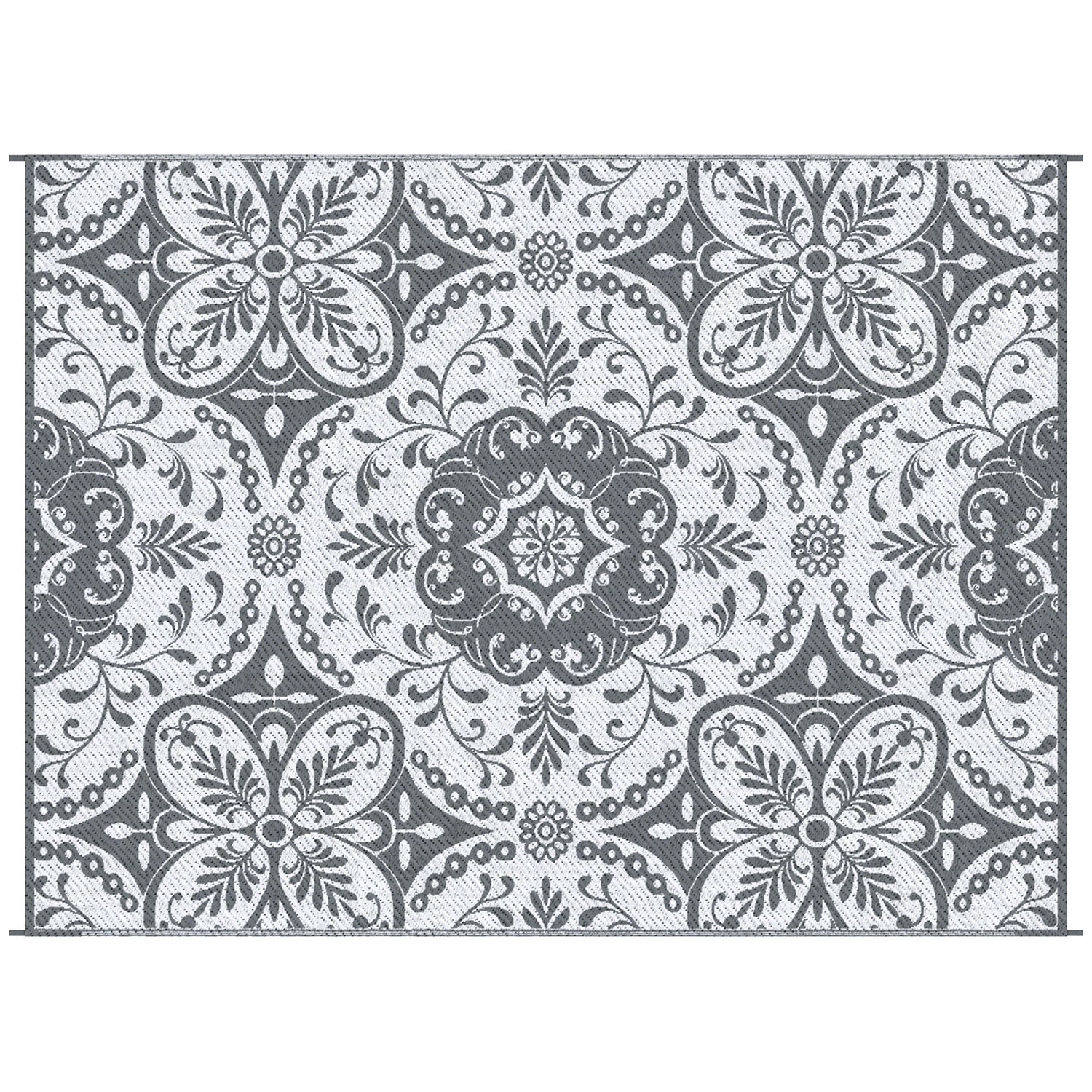 Reversible outdoor rug carpet, 9' x 12' waterproof plastic straw rug, gray & white floral