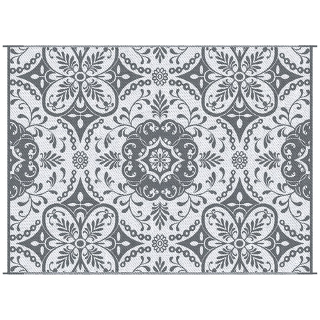Reversible outdoor rug carpet, 9' x 12' waterproof plastic straw rug, gray & white floral