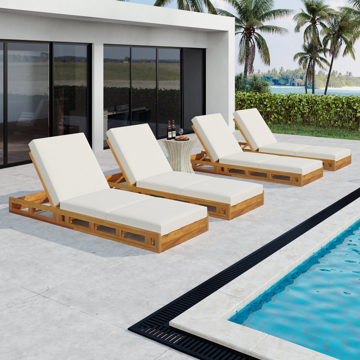 Lounge Chaise Set, Acacia Solid Wood with Lounge Cushion (Cream & Triple Fold) - Matching Dark