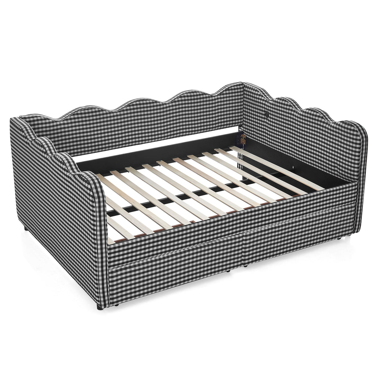 Full Size Cozy Gingham Daybed with Two Storage Drawers, with USB Port and Adorable Wave Shaped, Linen Fabric