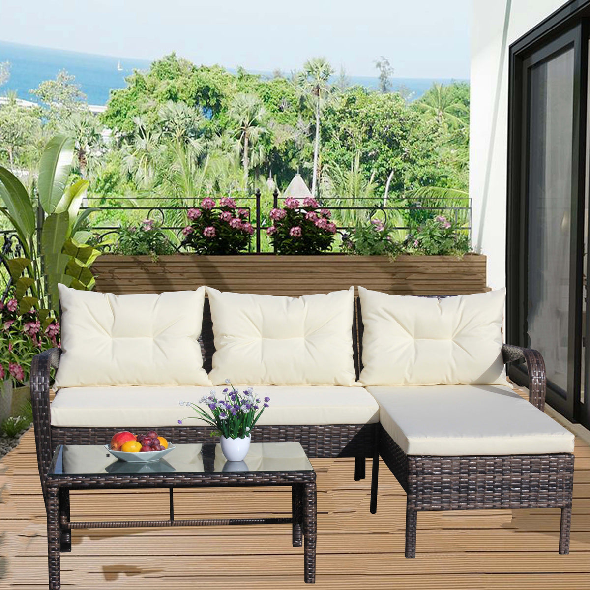 Outdoor Patio Furniture 3-Piece Conversation Set (Beige Cushion)