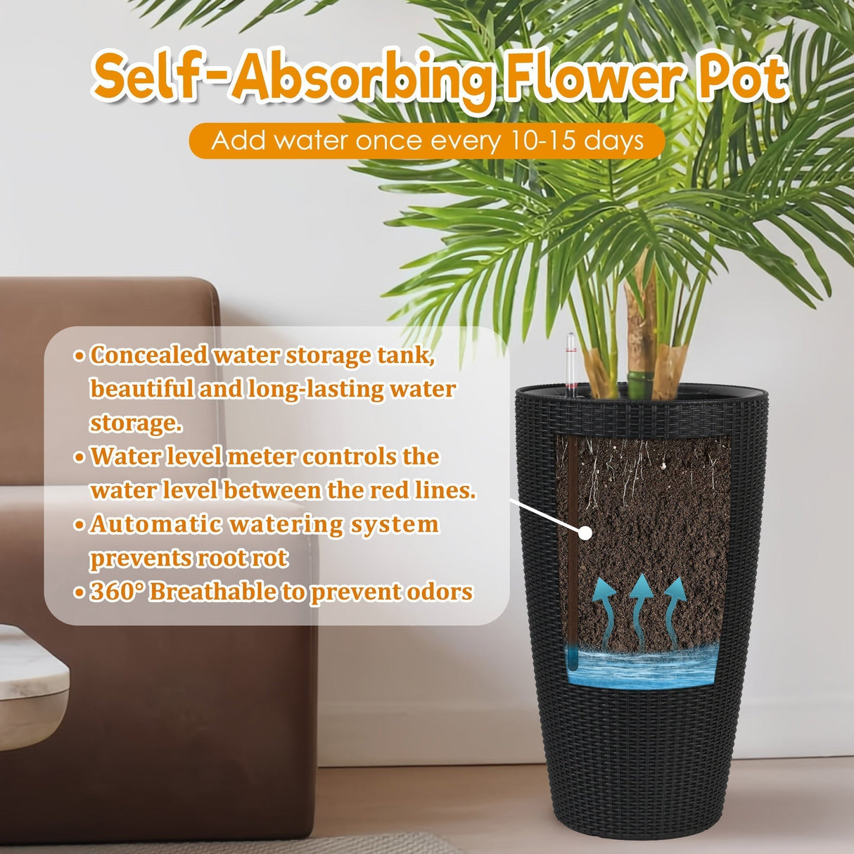 Set of 2 Faux Rattan Tall Planters with Automatic Watering System