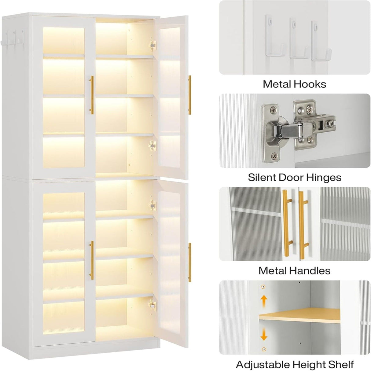 Bookcase With Doors And LED Lighting, 8 Adjustable Shelves Storage Cabinet